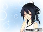  absurdres artist_request black_hair blush closed_eyes collarbone copyright_name eyelashes hair_between_eyes hand_on_own_cheek highres lips official_art simple_background smile solo sparkle sparkle_background upper_body vinty wallpaper without_within 
