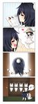  4koma :&gt; =_= =v= all_fours alternate_costume black_hair brown_eyes comic detached_sleeves dress fashion hat heart highres karla_featherstone magazine official_art one_eye_closed open_eyes open_mouth orz silent_comic single_tear smile solo sun_hat sundress thighhighs vinty wardrobe without_within 
