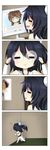  4koma :&gt; :&lt; =^= =_= =v= bespectacled black_hair braid brown_hair character_request comic detached_sleeves faceplant glasses gloom_(expression) green_eyes highres karla_featherstone monitor official_art open_mouth running silent_comic smile thighhighs triangle_mouth twin_braids v-shaped_eyebrows vinty without_within 