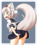  animal_ears ass blush breasts elu_butyo embarrassed hat inubashiri_momiji large_breasts looking_at_viewer looking_back midriff open_mouth red_eyes school_uniform serafuku short_hair silver_hair skirt solo tail tokin_hat touhou wolf_ears wolf_tail 