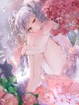 barefoot black_cat blurry blush building cat city depth_of_field dress drill_hair dutch_angle flower frilled_dress frills full_body glass_slipper holding holding_shoes idolmaster idolmaster_cinderella_girls kanzaki_ranko leg_hug long_hair off_shoulder outdoors petals rain red_eyes repi rose shoes shoes_removed short_dress silver_hair sleeveless sleeveless_dress solo strap_slip thighs triangle_mouth twin_drills twintails water water_drop wet wet_clothes 