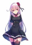  arms_behind_back black_dress choker cowboy_shot dress empty_eyes flower garter_straps hair_flower hair_ornament long_hair looking_at_viewer original pink_eyes pink_hair smile solo thighhighs yasumo_(kuusouorbital) 