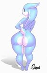  2014 alien balls big_butt blue_skin butt humanoid looking_at_viewer looking_back male nude plain_background puwa rear_view short_tail skoon_(character) solo sqoon standing tendrils white_background wide_hips 