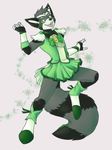  2015 anthro boots canine clothed clothing cosplay crossdressing dawst fox frilly fur gloves green_eyes grey_fur legwear looking_at_viewer male mammal open_mouth ribbons ringed_tail simple_background skirt smile solo spix 