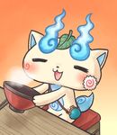  bowl chill_ykon coin_purse gradient gradient_background komasan leaf leaf_on_head no_humans open_mouth orange_background sitting solo steam stool youkai youkai_watch youkai_watch_2 