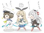  &gt;_&lt; ^_^ amatsukaze_(kantai_collection) bangs blonde_hair blue_skirt brown_hair closed_eyes closed_mouth detached_sleeves dress fang hairband heart kantai_collection long_hair long_sleeves miniskirt multiple_girls neckerchief open_mouth pleated_skirt rope_train sailor_dress school_uniform serafuku shimakaze_(kantai_collection) short_hair silver_hair simple_background skirt striped striped_legwear thighhighs translation_request tsuchihara_ai two_side_up white_background yukikaze_(kantai_collection) 