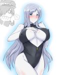  1girl abyssal_admiral_(kantai_collection) blue_eyes blush breasts covered_nipples front_zipper_swimsuit hair_over_one_eye hat i_b_b_e kantai_collection large_breasts long_hair looking_at_viewer meme_attire one-piece_swimsuit pale_skin shinkaisei-kan silver_hair smile swimsuit ta-class_battleship thumbs_up translated 