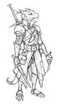  2015 ambiguous_gender armor belt claws dagger guoh kobold line_art monochrome pouch solo standing sword weapon 
