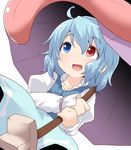  :d blue_eyes blue_hair heterochromia holding holding_umbrella karakasa_obake natsu_no_koucha open_mouth red_eyes shirt short_hair skirt smile tatara_kogasa touhou umbrella vest 