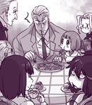  3boys 4girls blush book cake chair cup food fukuso_hilbert_kuukan gamagoori_ira glasses hououmaru_rei iori_shirou kill_la_kill kiryuuin_satsuki lady_and_the_tramp looking_back mankanshoku_mako matoi_ryuuko monochrome multiple_boys multiple_girls necktie open_mouth parody pasta short_hair sitting slice_of_cake soroi_mitsuzou spaghetti sparkling_eyes strawberry_shortcake swiss_roll table tablecloth tea teacup 