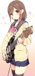  aida_takanobu animal_print black_legwear bow breasts brown_hair cow_print cowboy_shot electric_guitar eyebrows_visible_through_hair fender from_side guitar hair_bow instrument jazzmaster long_hair long_sleeves looking_at_viewer looking_to_the_side low_twintails original pleated_skirt polka_dot polka_dot_bow red_eyes school_uniform skirt small_breasts smile solo thighhighs twintails zettai_ryouiki 