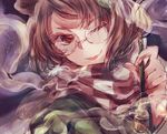  animal_ears bad_id bad_twitter_id brown_eyes brown_hair checkered checkered_scarf fang futatsuiwa_mamizou glasses kiseru leaf leaf_on_head looking_at_viewer one_eye_closed open_mouth pipe raccoon_ears scarf short_hair skura01 smile smoke solo touhou 