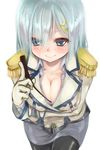  :&gt; between_breasts black_legwear blue_eyes blush breast_hold breasts caesar8149 cleavage cosplay cowboy_shot epaulettes gloves hair_ornament hairclip hamakaze_(kantai_collection) highres kantai_collection katori_(kantai_collection) katori_(kantai_collection)_(cosplay) large_breasts leaning_forward miniskirt pantyhose pointer short_hair skirt white_background 