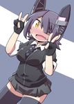  bad_id bad_pixiv_id blush checkered checkered_neckwear eyepatch fang fingerless_gloves gloves hair_over_one_eye headgear kantai_collection looking_at_viewer necktie open_mouth purple_hair short_hair solo sweatdrop tenryuu_(kantai_collection) thighhighs v vincent_(hiyakuen) yellow_eyes 
