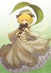  blonde_hair bow dress drill_hair fairy fairy_wings frills gradient gradient_background hat leaf leaf_umbrella long_dress long_sleeves looking_at_viewer luna_child puffy_sleeves short_hair smile solo touhou urin white_dress wide_sleeves wings yellow_eyes 