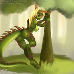 2015 anthro antlers back blonde_hair butt female grass hair hooves horn lizard looking_at_viewer nude popcornpanic purple_eyes pussy reptile scalie solo tree 