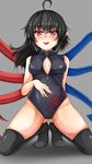  ahoge arm_behind_back ass black_hair black_legwear blush breasts fingernails front_zipper_swimsuit grey_background hand_on_own_stomach highres houjuu_nue looking_at_viewer meme_attire one-piece_swimsuit pointy_ears red_eyes short_hair simple_background small_breasts smile solo squatting swimsuit thighhighs thighs tokoya_(ex-hetare) tongue tongue_out touhou wings 