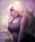  1girl amethyst_(steven_universe) bare_shoulders blonde_hair curly_hair curvy freckles funsized-cake hair_over_one_eye lips long_hair looking_at_viewer parted_lips plump purple_skin silver_hair smile solo steven_universe upper_body v_arms 
