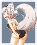  animal_ears ass bare_shoulders blush breasts elu_butyo embarrassed hat inubashiri_momiji large_breasts looking_at_viewer looking_back one-piece_swimsuit open_mouth red_eyes short_hair silver_hair solo swimsuit tail tokin_hat touhou wolf_ears wolf_tail 