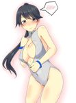  black_hair blue_eyes blush breasts cleavage front_zipper_swimsuit houshou_(kantai_collection) i_b_b_e kantai_collection large_breasts long_hair looking_at_viewer meme_attire one-piece_swimsuit ponytail solo spoken_blush swimsuit wristband 