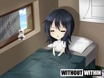  :&lt; =^= =_= absurdres artist_request bed black_hair character_request chibi copyright_name hair_down highres long_hair official_art open_mouth pillow sitting solo triangle_mouth vinty wallpaper window without_within 