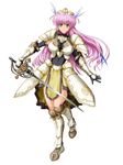  1girl armor braid breasts copyright_request covered_navel female forehead_protector full_body green_eyes hair_ornament large_breasts long_hair pink_hair raochuu rapier smile solo standing 