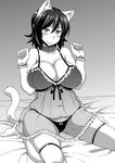  animal_ears bare_shoulders bed breasts cat_ears cat_tail cleavage collar greyscale highres huge_breasts looking_at_viewer monochrome nokoppa original panties plump see-through short_hair smile solo tail thighs underwear 