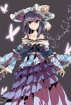  aioi_aoi alternate_costume bare_shoulders breasts bright_pupils bug butterfly hair_between_eyes hat insect looking_at_viewer medium_breasts petals purple_eyes purple_hair ribbon saigyouji_yuyuko short_hair smile solo touhou triangular_headpiece white_pupils 