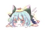  aqua_eyes aqua_hair bad_id bad_pixiv_id blue_dress bow cirno dress hair_bow ice ice_wings kuromame_(8gou) lying on_stomach open_mouth smile solo touhou wings 