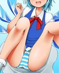  blue_hair cirno dr_rex dress head_out_of_frame ice ice_wings open_mouth panties short_hair smile solo striped striped_panties touhou underwear wings 