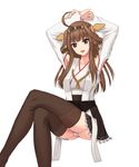  arms_behind_head arms_up bad_id bad_pixiv_id black_eyes black_skirt boots breasts brown_hair brown_legwear collarbone crossed_legs double_bun frilled_skirt frills ghound hairband headgear kantai_collection kongou_(kantai_collection) large_breasts legs long_legs looking_at_viewer miniskirt nontraditional_miko open_mouth panties pantyshot pantyshot_(sitting) pleated_skirt ribbon-trimmed_skirt ribbon-trimmed_sleeves ribbon_trim simple_background sitting skirt solo thigh_boots thighhighs thighs underwear white_background white_panties 