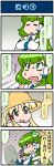  /\/\/\ 2girls 4koma blonde_hair blush brown_eyes cellphone comic commentary_request emphasis_lines eyes_closed frog_hair_ornament green_eyes green_hair hair_ornament hair_tubes hat high_collar highres holding holding_phone kochiya_sanae mizuki_hitoshi moriya_suwako multiple_girls nose_blush open_mouth phone smartphone snake_hair_ornament sweatdrop talking talking_on_phone touhou translation_request 