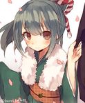  bangs blush brown_eyes cherry_blossoms fur_collar green_hair japanese_clothes kantai_collection kimono ponytail shugao smile solo twitter_username white_background yuubari_(kantai_collection) 