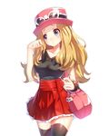  bag bag_charm bare_arms black_legwear blonde_hair breasts charm_(object) goggles goggles_on_headwear hand_in_hair hat highres long_hair looking_away medium_breasts pokemon pokemon_(game) pokemon_xy ririko_(zhuoyandesailaer) serena_(pokemon) skirt solo thighhighs wristband 