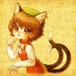  animal_ears bad_id bad_pixiv_id brown_hair cat_ears cat_tail chen earrings hat jewelry multiple_tails short_hair solo souri tail touhou 