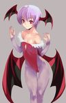  bare_shoulders bat_wings bridal_gauntlets demon_girl elbow_gloves flat_chest gloves head_wings highres kawata_hisashi leotard lilith_aensland narrow_waist pantyhose purple_hair red_eyes red_leotard short_hair smile solo succubus vampire_(game) wings 