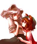  animal_ears brown_hair cat_ears chen eye_contact hands_on_own_chest hat kuronuko_neero looking_at_another mouse_ears multiple_girls nazrin red_eyes scared silver_hair sketch skirt_grab tears touhou yuri 
