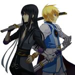  armor black_eyes black_hair blonde_hair blue_eyes bracelet flynn_scifo jewelry long_hair male_focus multiple_boys nanamura over_shoulder ready_to_draw red_eyes sheath sheathed sleeves_folded_up smile sword tales_of_(series) tales_of_vesperia weapon weapon_over_shoulder white_background yuri_lowell 