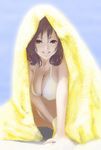 akitama bad_id bad_pixiv_id bikini breasts brown_eyes brown_hair cleavage large_breasts original smile solo swimsuit towel 
