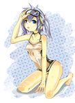  barefoot breasts goggles hair_bobbles hair_ornament kawashiro_nitori kneeling legs maturiuta_sorato medium_breasts one-piece_swimsuit solo swimsuit touhou twintails two_side_up 