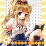  blonde_hair blue_eyes book copyright_request dress e~ji flower ponytail solo 