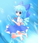  barefoot blue_eyes blue_hair cirno fang feet ribbon solo touhou v wings yuya_(minus-k) 