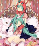  animal_ears animal_hat aqua_eyes aqua_hair bad_id bad_pixiv_id bloomers bonnet bunny_ears cake candy dual_persona food gloves hat hatsune_miku kilu lap_pillow long_hair lots_of_laugh_(vocaloid) multiple_girls pastry skirt sleeping socks twintails underwear vocaloid 