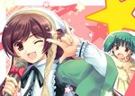  ;d \m/ brown_hair crossover fang hinooka_shuuji macross macross_frontier microphone multiple_girls one_eye_closed open_mouth parody ranka_lee red_eyes rozen_maiden seikan_hikou smile star suiseiseki 