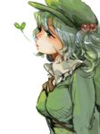  between_breasts black_bow blue_hair bow breasts frills from_side green green_eyes green_hat hair_bobbles hair_ornament hat itoyo kawashiro_nitori leaf looking_away mouth_hold plant simple_background solo touhou two_side_up upper_body white_background 
