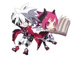  1boy 1girl book chibi disgaea glasses grin horns lowres makai_senki_disgaea_3 mao_(disgaea) pantyhose pink_eyes pink_hair pointy_ears raspberyl red_eyes round_eyewear sailor_collar slit_pupils smile white_hair white_sailor_collar 