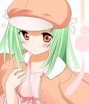  bakemonogatari blush cabbie_hat green_hair hat jacket jacket_on_shoulders monogatari_(series) orange_eyes sengoku_nadeko short_hair solo suika_(kinokoh) 