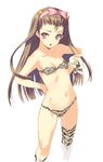  animal_print bikini brown_hair bunny cosplay flat_chest hair_ribbon highres idolmaster idolmaster_(classic) kawata_hisashi long_hair lum lum_(cosplay) minase_iori ribbon solo stuffed_animal stuffed_bunny stuffed_toy swimsuit tiger_print urusei_yatsura 