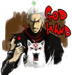  alia_(artist) amaterasu capcom clover crossover four-leaf_clover gene god_hand grey_hair issun ookami_(game) pun short_hair 