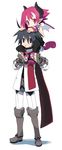  1boy 1girl almaz_von_almadine_adamant bad_id bad_pixiv_id black_hair boots carrying disgaea highres horns makai_senki_disgaea_3 pantyhose pink_eyes pink_hair pointy_ears raspberyl scarf shoulder_carry slit_pupils tail wings 